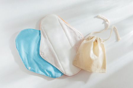 Reusable cloth menstrual pads. Zero waste supplies for personal hygiene.  Sustainable lifestyle. Plastic free concept.の写真素材