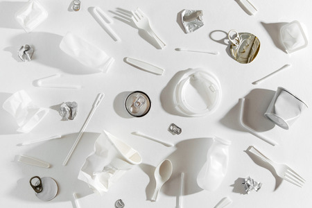 Food  plastic packaging  on  white background. Concept of Recycling plastic and ecology. Flat lay, top viewの写真素材