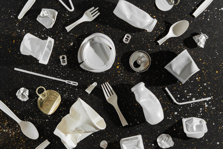 Food  plastic packaging  on  black background. Concept of Recycling plastic and ecology. Flat lay,...
