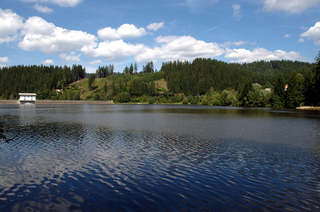 Panorama of a summer landscape in Beskydy. View of the dam.の写真素材