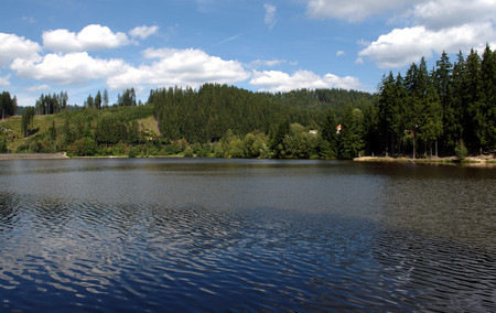 Panorama of a summer landscape in Beskydy. View of the dam.の写真素材