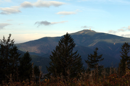 Panorama of a autumn landscape in Beskydy. View of Lysa hora.の写真素材