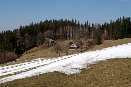 Panorama of a spring landscape in Beskydy.の写真素材