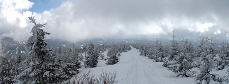 Panorama of a winter landscape in Beskydy.の写真素材