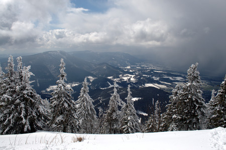 Panorama of a winter landscape in Beskydy.の写真素材