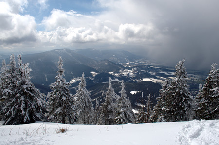 Panorama of a winter landscape in Beskydy.の写真素材