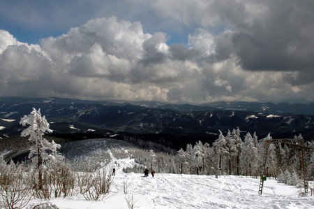 Panorama of a winter landscape in Beskydy.の写真素材