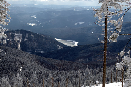 Panorama of a winter landscape in Beskydy.の写真素材