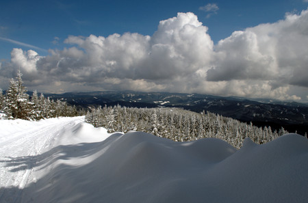 Panorama of a winter landscape in Beskydy.の写真素材