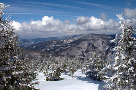 Panorama of a winter landscape in Beskydy.の写真素材