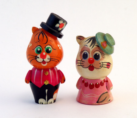 Funny cats, funny cats figurines made of wood painted.の写真素材