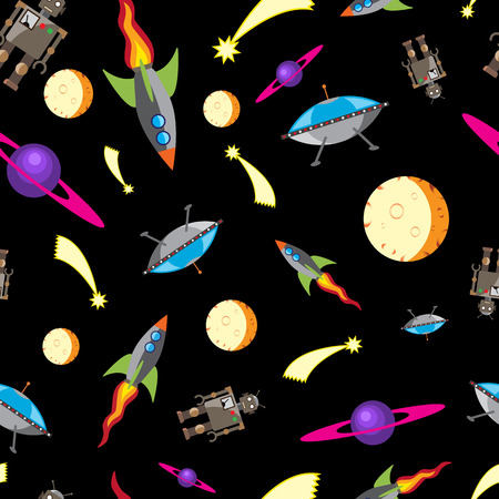 seamless pattern on a space theme with planets, stars, rockets, robotsのイラスト素材