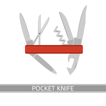 Multifunctional pocket knife vector icon. Isolated on white background, flat style. Folding knife for camping, hunting, fishing, outdoors.のイラスト素材