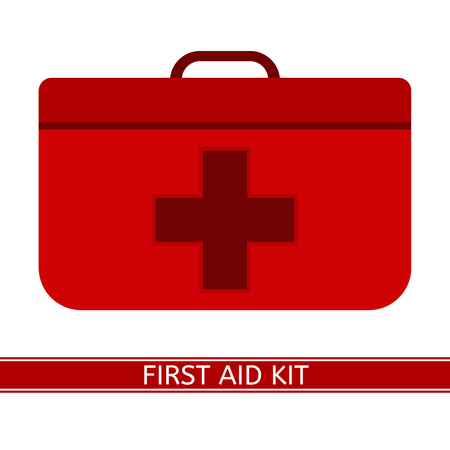 First Aid Kit with red cross vector icon. Medical case isolated on white background, flat style. Camping emergency equipment.のイラスト素材