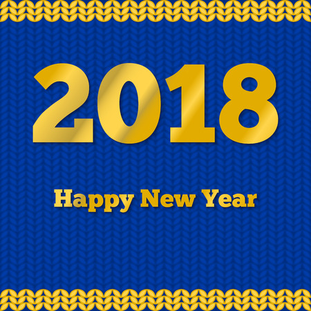 Vector illustration of seasonal greeting card. Knit blue background with golden text. Happy New Year knitwear. 2018 handmade decoration.のイラスト素材