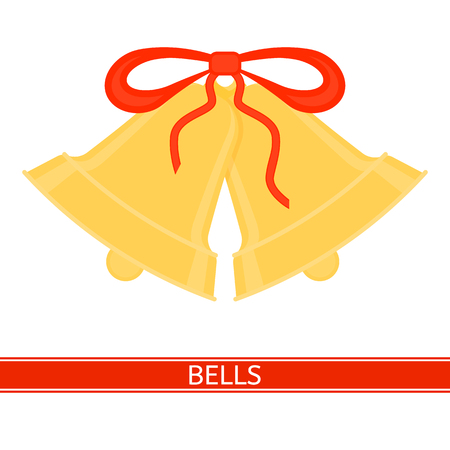 Vector illustration of gold Christmas jingle bells with red ribbon isolated on white background.のイラスト素材