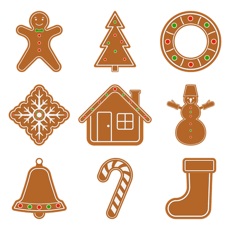 Vector illustration of gingerbread Christmas objects isolated on white background. Glazed cookie set in flat style.のイラスト素材