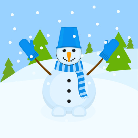 Vector illustration of winter landscape with cheerful snowman and falling snow. Christmas funのイラスト素材
