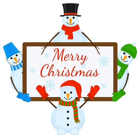 Vector illustration of snowmen with signboard isolated on white background. Merry Christmas greeting card.のイラスト素材