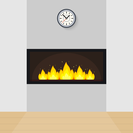Vector illustration of modern fireplace built in the wall, with clock above and parquet floor.のイラスト素材