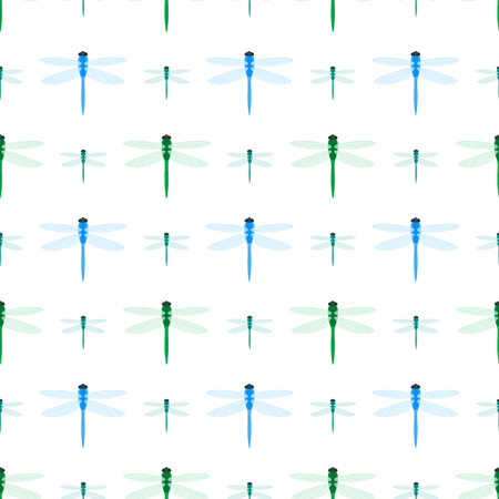 Vector illustration of dragonfly isolated on white background. Seamless pattern of damselfly in flat style.のイラスト素材