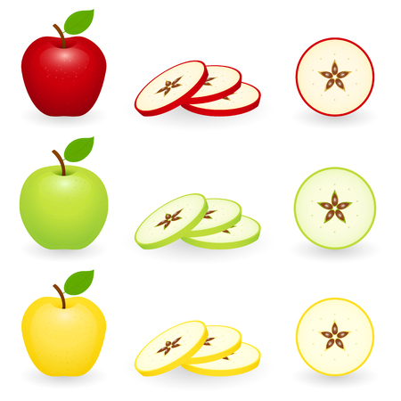 Apples red, green and golden with slices. Vector illustration isolated on white background.のイラスト素材