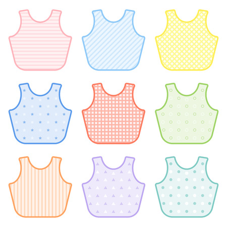 Set with decorated baby bibs in pastel colors. Vector illustration isolated on white background. Baby feeding equipmentのイラスト素材
