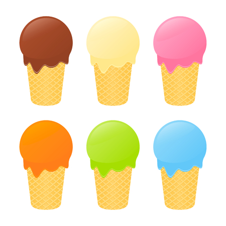 Vector illustration of waffle ice cream cones with different flavors isolated on white background.のイラスト素材