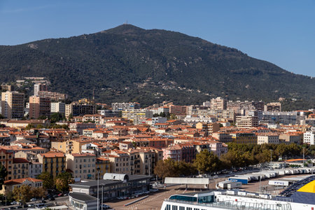 Ajaccio, France - October 26, the port with promenade of Ajaccio on Corsica island, copy spaceのeditorial素材