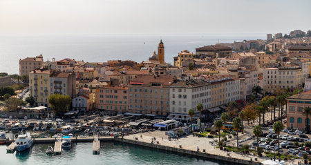 Ajaccio, France - October 26, the port with promenade of Ajaccio on Corsica island, copy spaceのeditorial素材