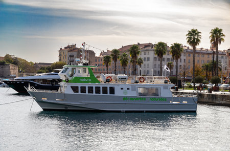 Ajaccio, France - October 26, 2022, Natura boat, decouvertes naturelles in the Tino Rossi marina of Ajaccio in Corsica, close upのeditorial素材