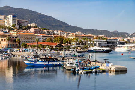 Ajaccio, France -October 26, the port with promenade of Ajaccio on Corsica island, copy spaceのeditorial素材