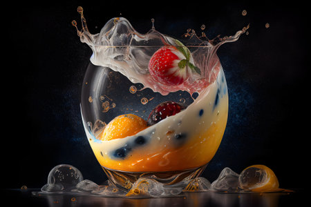 Cool fresh drink with ice cubes and fruits on dark background, summer concept. Generative AI.の素材