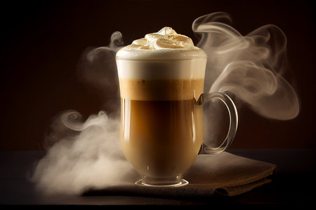 Glass mug with hot coffee or cappuccino or latte macchiato on a rustic wooden surface, AI generative content, greeting card.の素材