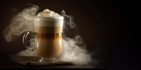 Glass mug with hot coffee or cappuccino or latte macchiato on a rustic wooden surface, AI generative content, copy space, banner, greeting card.の素材
