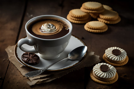 Coffee served with biscuits or cakes on a rustic wooden surface, generative AI content.の素材
