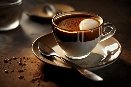 Cup of hot coffee on a rustic wooden surface, generative AI content.の素材