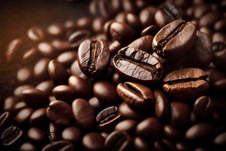 Coffee preparation close-up, pile of roasted coffee beans background, concepts, generative AI content.の素材