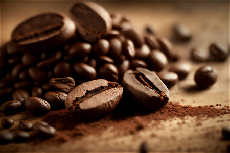 Coffee preparation close-up, pile of roasted coffee beans background, concepts, generative AI content.の素材