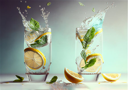 Two full glasses of sparkling fresh water with lemon and mint on a light background, generative AI content, close-up, copy space.の素材