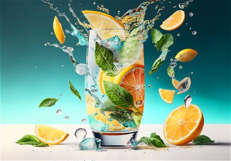 Full glass of sparkling fresh water with lemon and mint on dark background, generative AI content, closeup.の素材