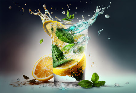 Full glass of sparkling fresh water with lemon and mint on dark background, generative AI content, closeup.の素材