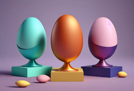 Three colored Easter eggs in egg cups or on a stand, minimal concept, closeup, generative AI contentの素材