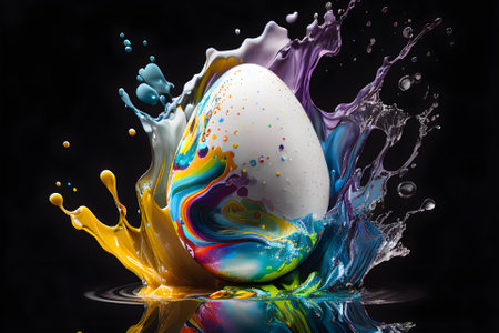 Easter egg with bold colored drops. Minimal concept, closeup, generative AI content.の素材