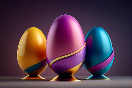 Three colored Easter eggs in egg cups or on a stand, minimal concept, closeup, generative AI contentの素材