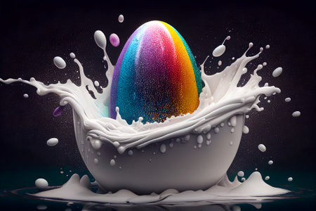 Colorful easter egg washing off the colorful paint, minimal concept, closeup, generative AI content.の素材