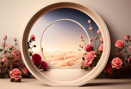 Round white wooden picture frame on white with empty space for text and framed with roses, AI generative content.の素材