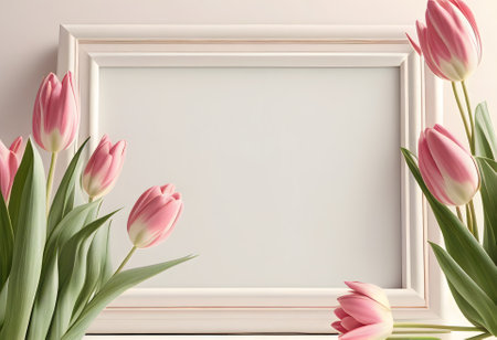 Rectangular white wooden picture frame with empty space for text and framed with pink tulips, AI generative.の素材