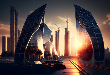 Solar panels on roofs and walls of future city houses, renewable energy, green photovoltaics, generative AI content.の素材