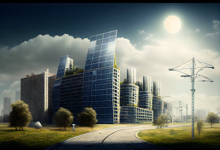 Solar panels on roofs and walls of future city houses, renewable energy, green photovoltaics, generative AI content.の素材